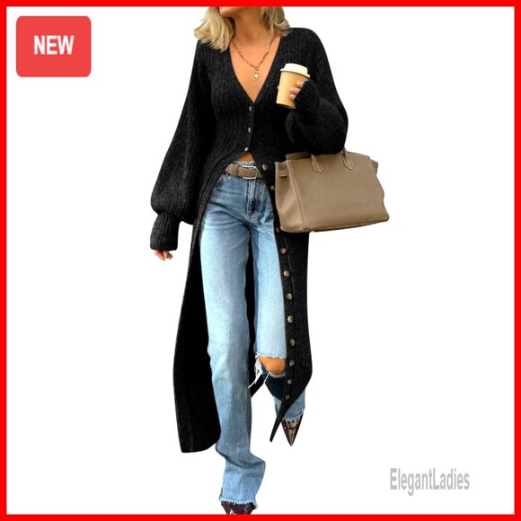 Long V-Neck Cardigan Chunky Knit Button Down Maxi Sweater Dress